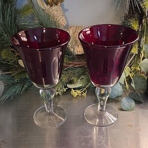 Ruby Red Crystal Clear Stem Goblet Pair